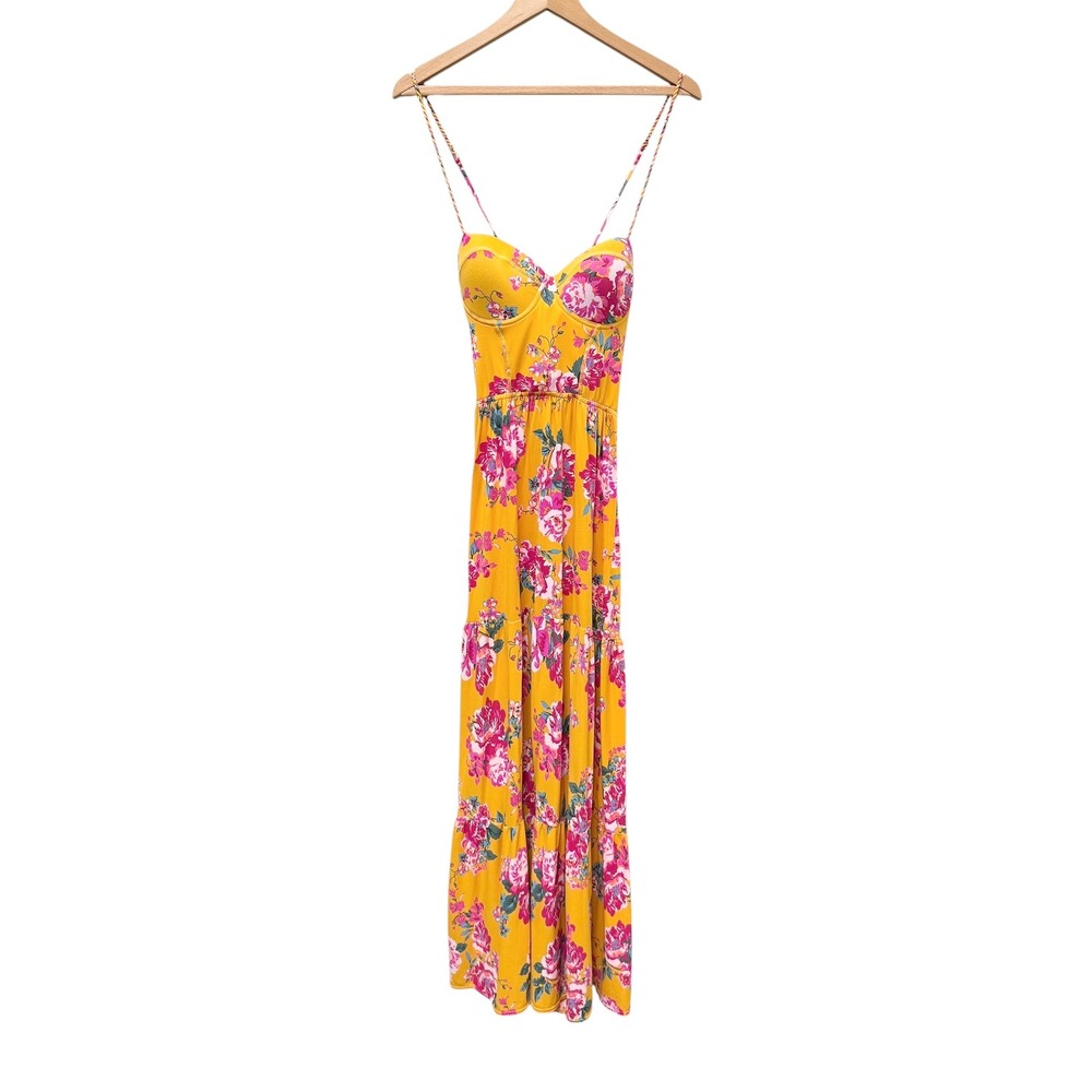 Maaji Yellow Floral Bustier Maxi Dress Lace Up Back Tiered Summer Size Medium - Picture 3 of 9